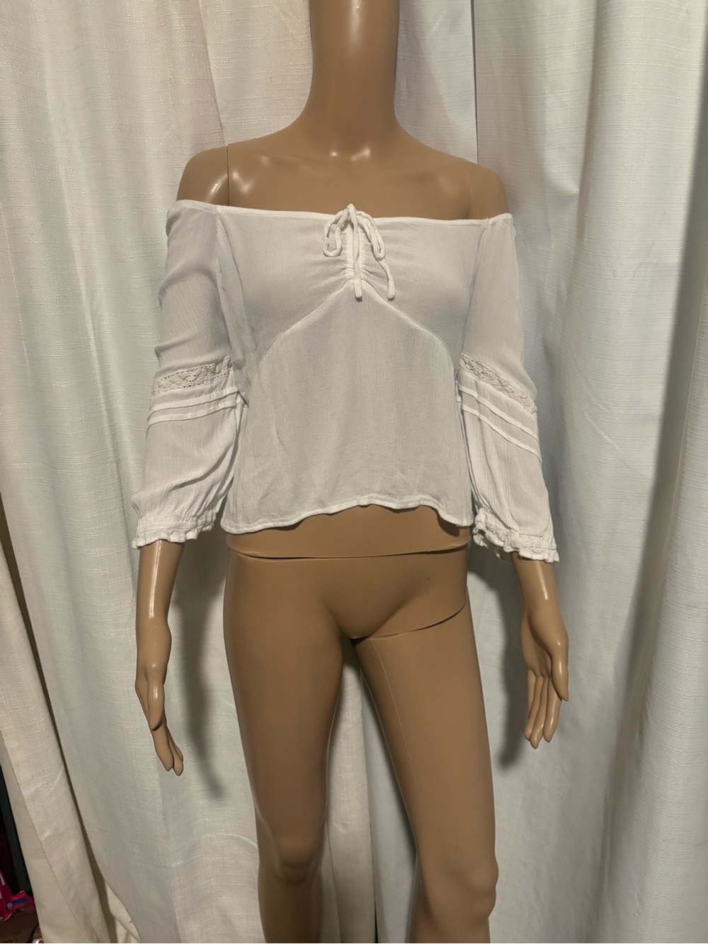 Derek heart White-Trim Peasant Top - boho Junior Off-Shoulder Blouse tassles xl - Picture 4 of 14